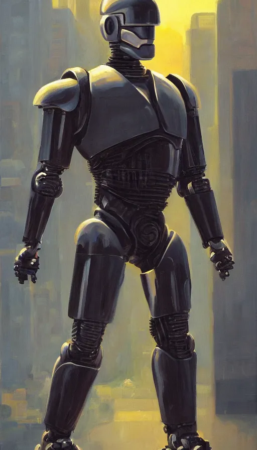 Image similar to robocop, heroic pose, oil painting, rim lighting, by jeff smith