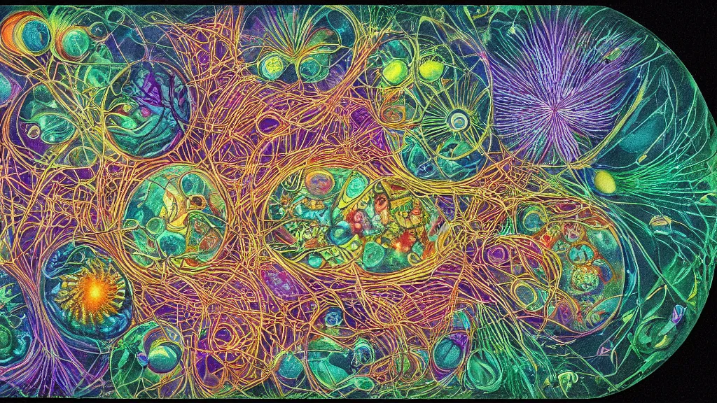 Image similar to quantum connections represented as symbiotic organisms like cells playing around with colorful lights by ernst haeckel, lightfull