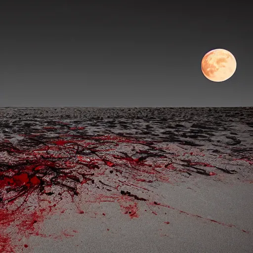 Image similar to a desolate beach of ash with an ocean of blood, night time with the moon in the sky, 4k digital art