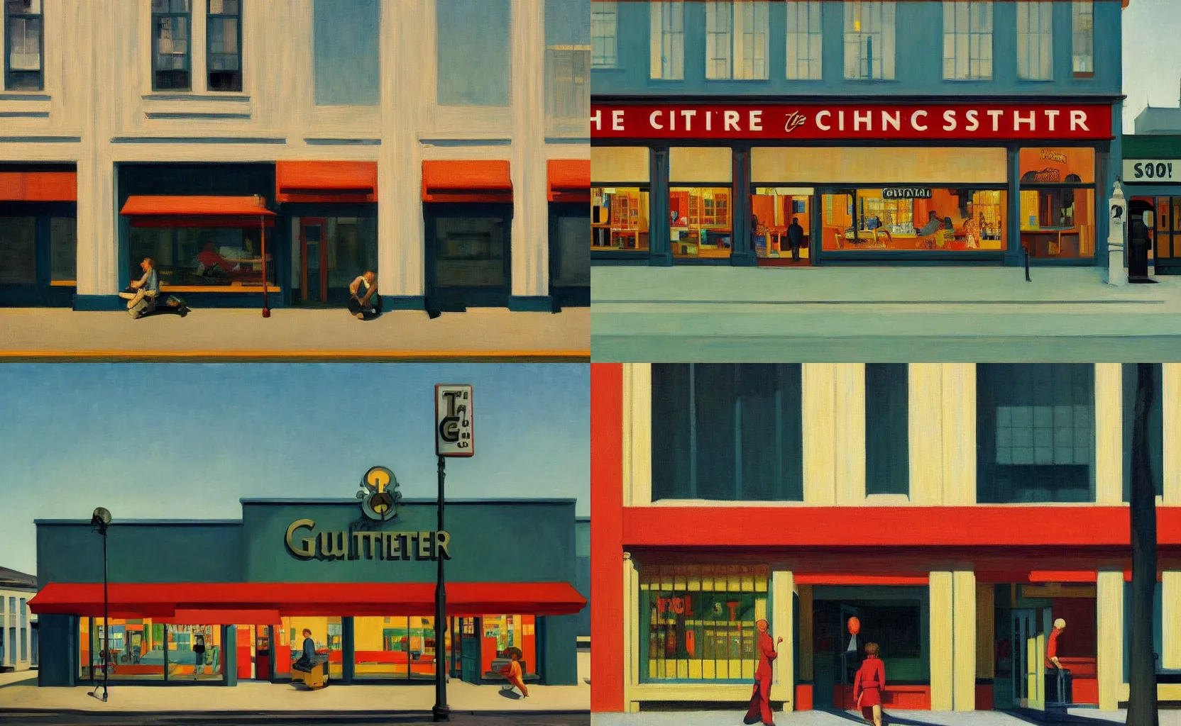 Prompt: the exterior of a Guitar Center, painting by Edward Hopper and Wes Anderson