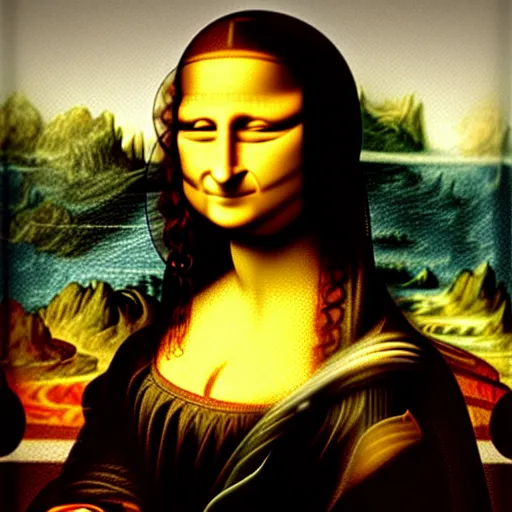 Prompt: Painting of Mona Lisa with sun glasses playing on an iphone,