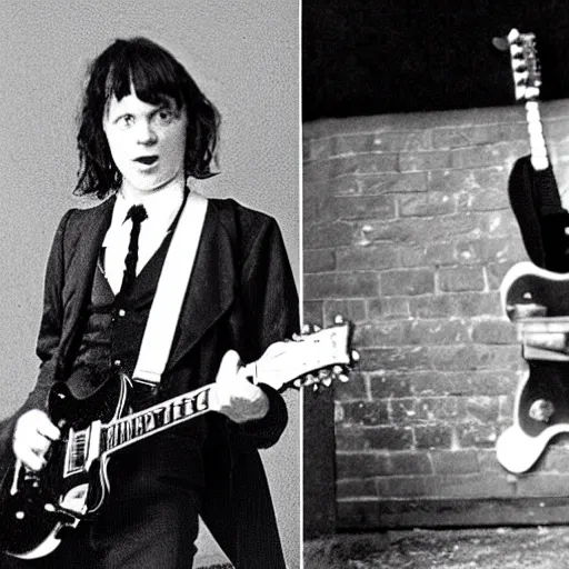 Prompt: stereograph of angus young on guitar wearing school boy outfit