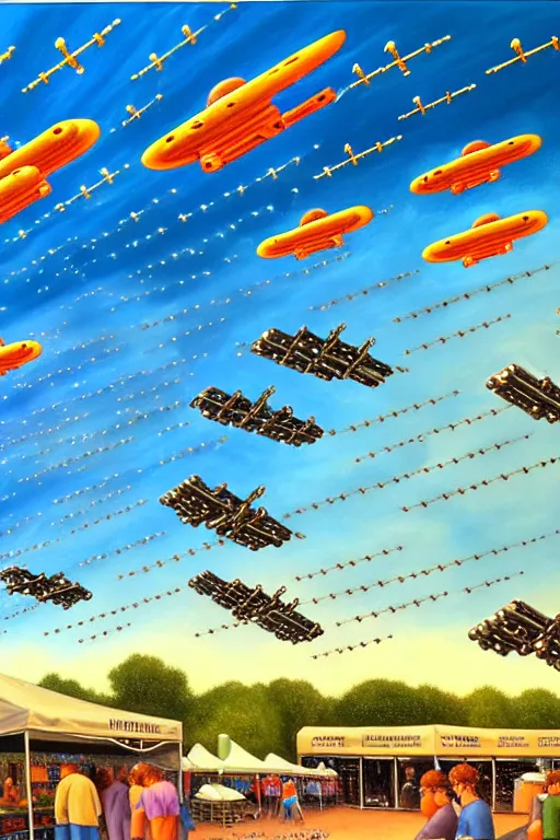 Image similar to a hyperrealistic painting of a fleet of spacecrafts flying over the farmers market on a sunny day, by chris cunningham and richard corben, highly detailed, vivid color,