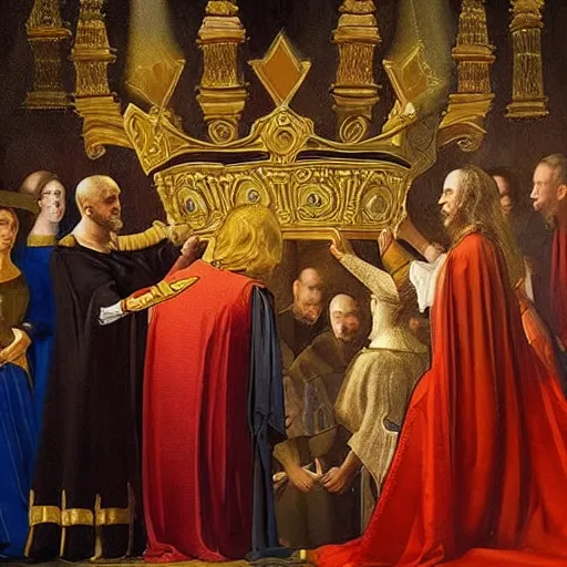 Image similar to crowning of donald trump, epic lighting, medieval painting, amazing details