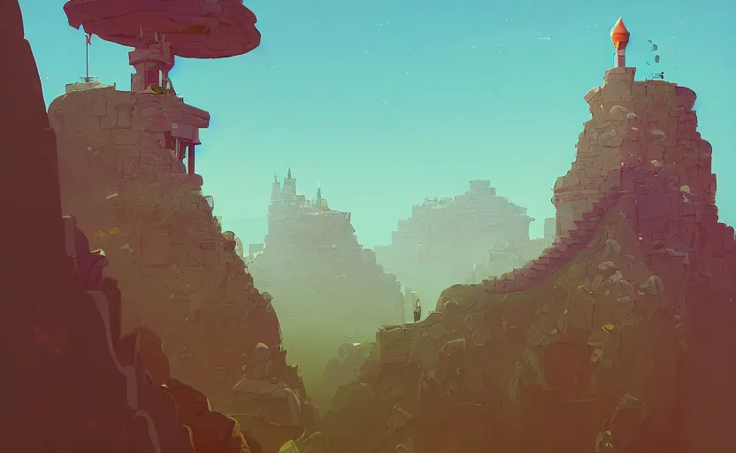 Image similar to old tiny castle on a hill, james gilleard, moebius, print, game art