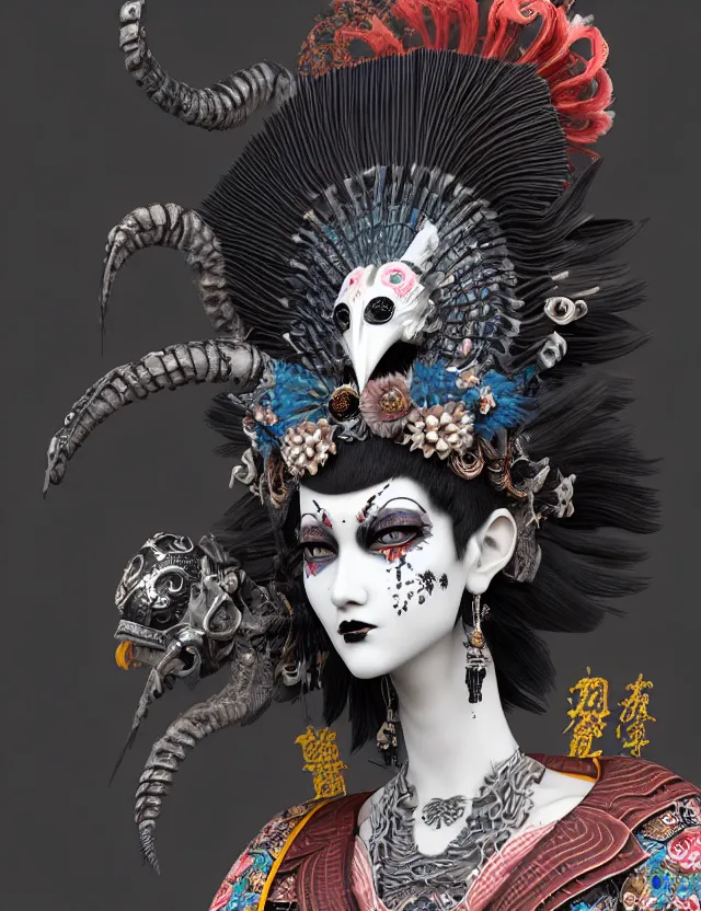 Image similar to 3 d goddess close - up profile portrait punk with mohawk in victorian style with ram skull. beautiful intricately detailed japanese crow kitsune mask and clasical japanese kimono. betta fish, jellyfish phoenix, bio luminescent, plasma, ice, water, wind, creature, artwork by tooth wu and wlop and beeple and greg rutkowski