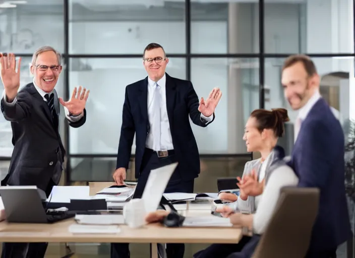 Image similar to realistic man in office waving goodbye to group of people