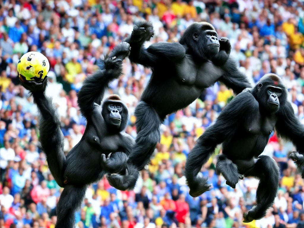 Image similar to a gorilla jumping to head the ball on a corner kick, vivid