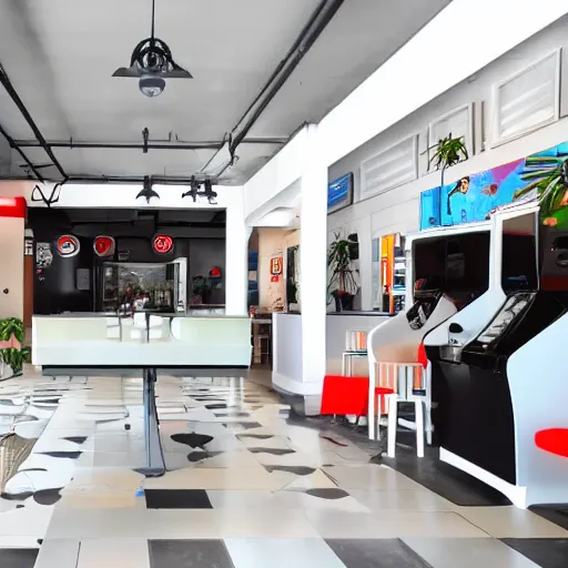 Image similar to photo of a minimalist white cafe interior, with arcade machines, and retro art on the white walls