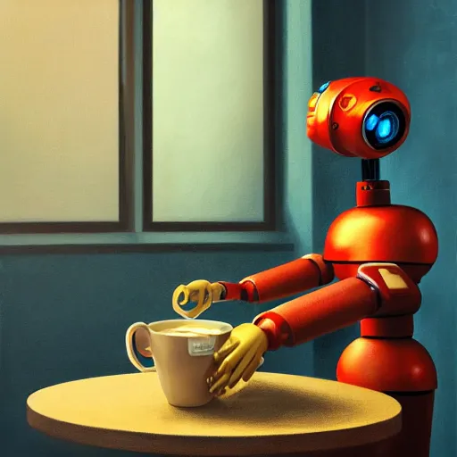 Image similar to soulful oil painting of a friendly empatic robot serving a cup of coffee, by simon stalenhaag, by laurie greasley, high depth of field, fresh colors, coffee beans, coffee, steam, hyperdetailed, hyperrealistic, moody light, 3 d octane render, 4 k, volumetric lights, smooth, cosy atmosphere, artstation!