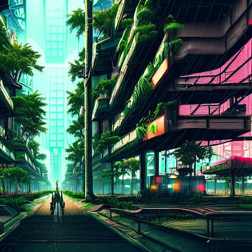 Prompt: A cyberpunk city in a rainforest, highly detailed digital art