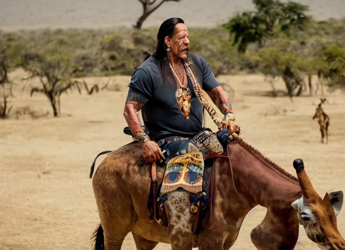 Image similar to film still of danny trejo on a saddle riding a giraffe wearing a bandana in mexico, 8 k