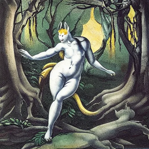 Image similar to a kitsune spirit in a dark forest, painted by michelangelo