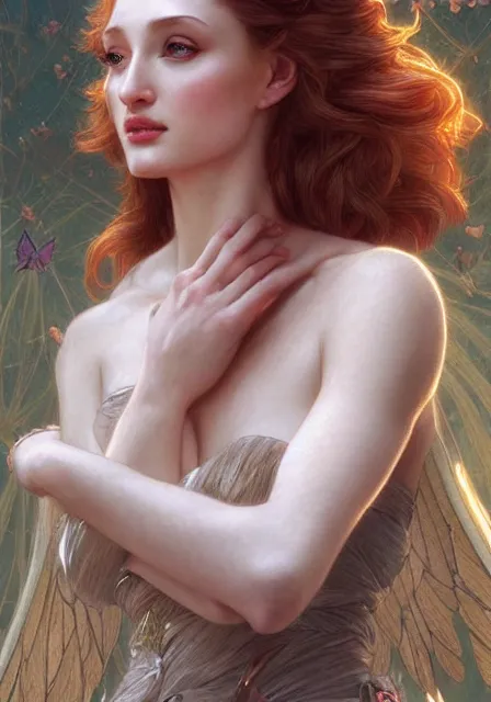 Prompt: sansa angeline jolie gessica chastain fairy, intricate, elegant, highly detailed, digital painting, artstation, concept art, smooth, sharp focus, illustration, art by artgerm and greg rutkowski and alphonse mucha and william - adolphe bouguereau