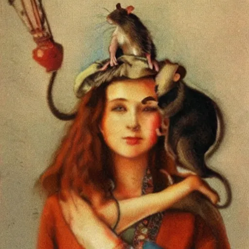 Image similar to a rat sitting on the head of a beautiful Slavic woman. a colorful movie still photograph. long shot, micro-details.