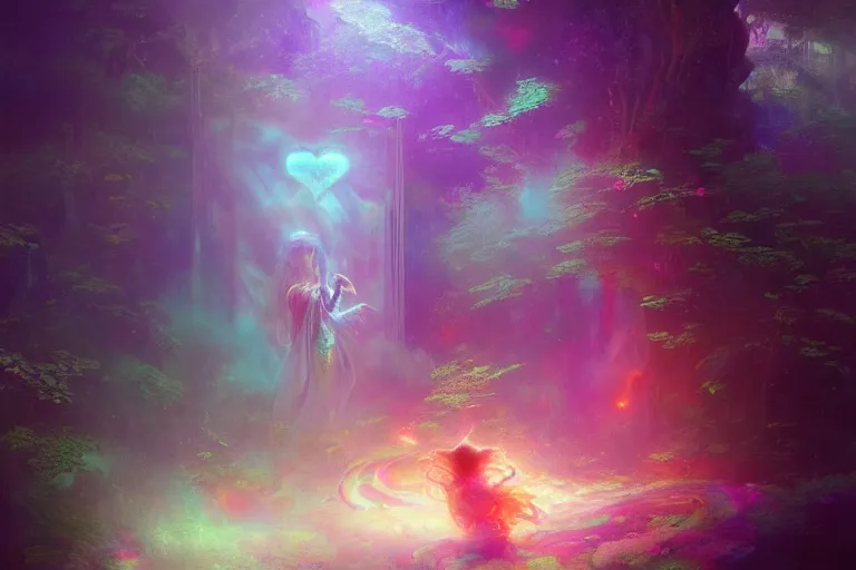 Image similar to a psychedelic realm hidden away in a pocket of ethereal understanding, astral beings sharing love greg rutkowski wlop lisa frank bob ross, ruan jia, illustration