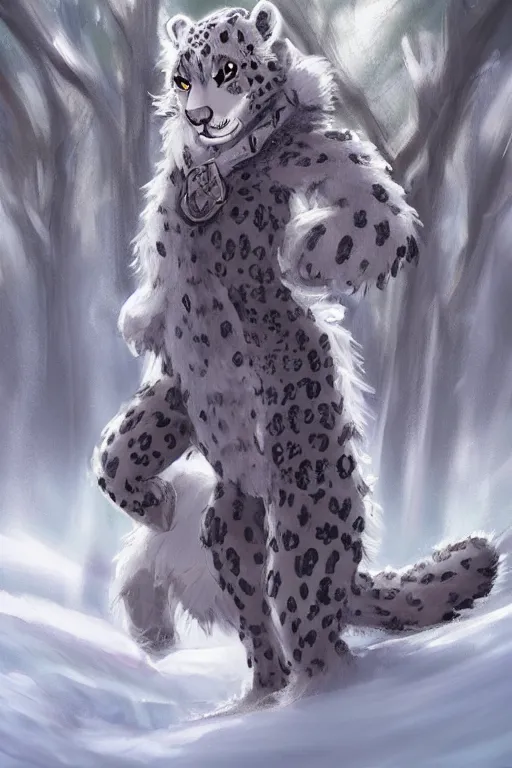 Prompt: an anthropomorphic medieval snow leopard with a fluffy tail in the forest, trending on artstation, trending on furaffinity, digital art, by kawacy, anime, furry art, warm light, backlighting