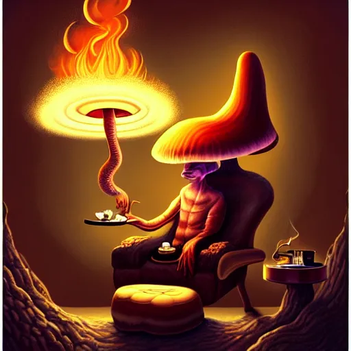 Prompt: painting of a mushroom alien sitting in a recliner by the fire smoking a pipe and wearing a soft robe and slippers, elegant intricate digital painting, trending on artstation, by normal rockwell