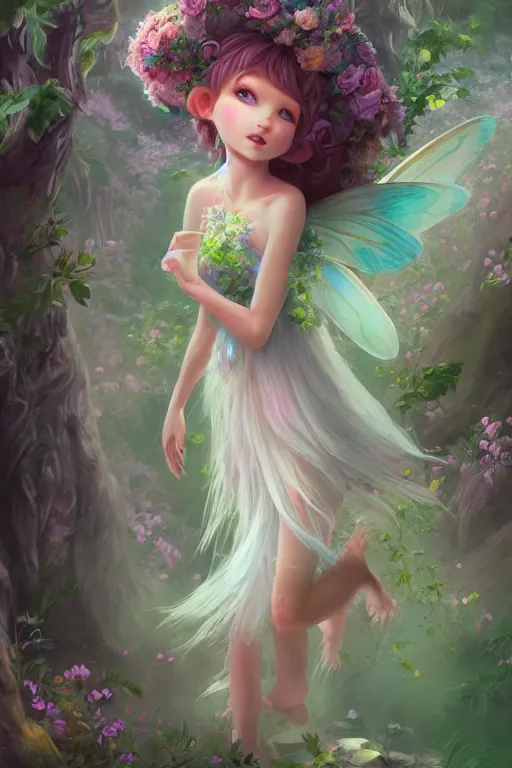 Image similar to a cute and geogerous fairy in the dreamy forest, fantasy, dreamlike, 8 k resolution, hyper detailed, d & d, character design, digital painting, trending on artstation, sharp focus, illustration, art by viktoria gavrilenko, hoang lap, fuji choko, steve zheng,