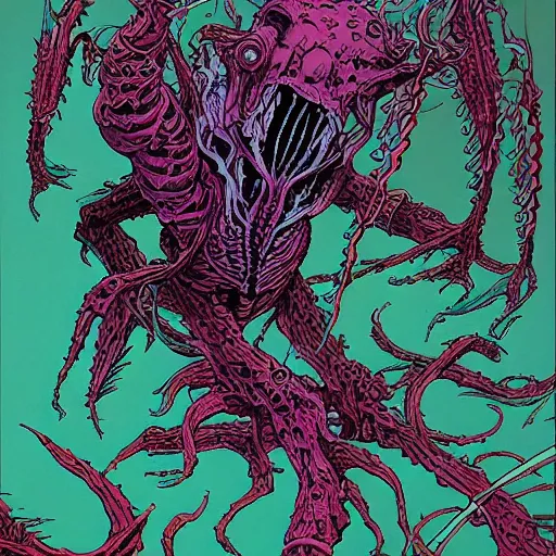 Prompt: low angle long shot of a collossal creature, illustration by moebius