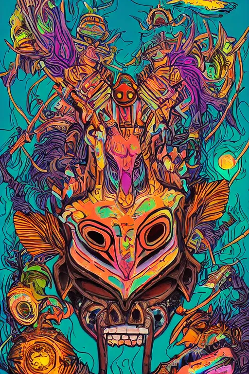 Image similar to totem animal tribal chaman vodoo mask feather gemstone plant wood rock video game illustration vivid color borderlands by josan gonzales and dan mumford radiating a glowing aura