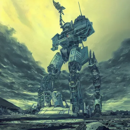 Image similar to beautiful picture of a giant Mecha, post-apocalyptic wasteland, skulls, anime style, art by Yasuhiko Yoshikazu, trending on Artstation