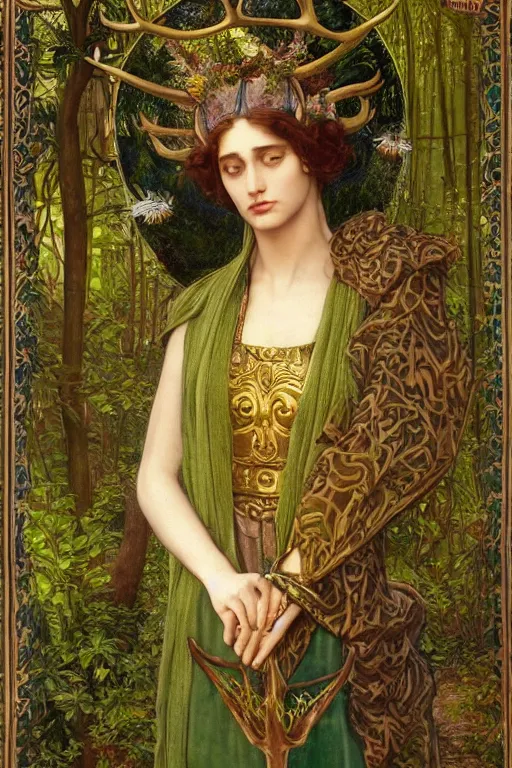 Image similar to beautiful priestess with antlers on her head in a garden | pre-Raphaelites | gleaming green and gold silk brocade| dramatic lighting | Evelyn De Morgan and John Waterhouse |unreal engine