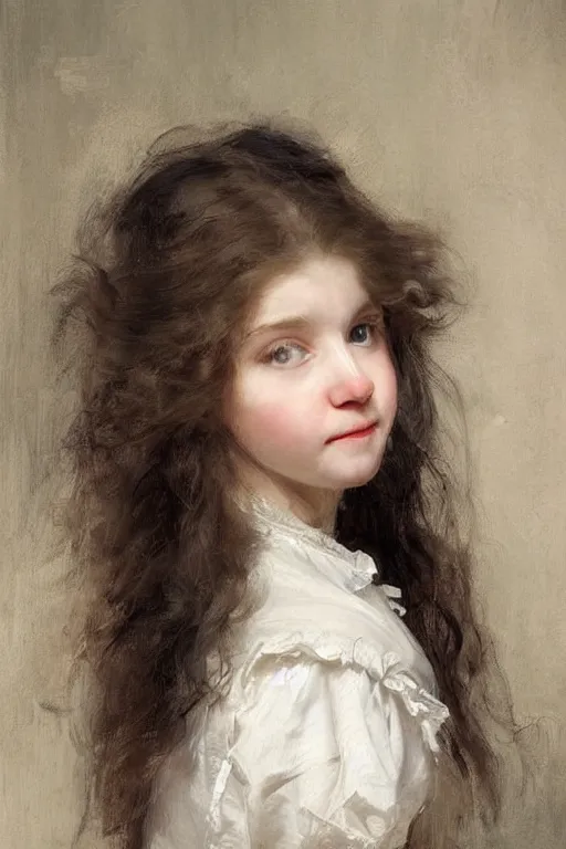 Prompt: museum painting, close - up, 1 4 years old girl,!! white!! long messy hair, gathered in tails, mischievous face, dressed in 1 8 th century clothes, sharp focus, highly detailed, digital art, oil painting, masterpiece, artgerm, rutkowski