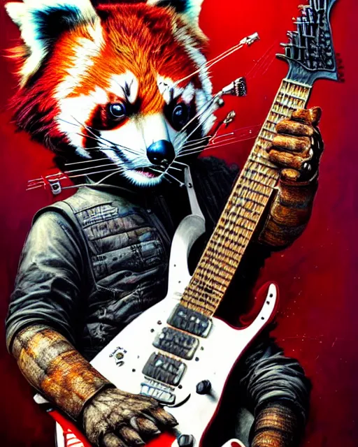 Image similar to a portrait of an anthropomorphic cyberpunk red panda shredding an electric guitar by sandra chevrier, by jon foster, detailed render, electric guitar, epic composition, cybernetics, 4 k realistic, cryengine, realistic shaded lighting, sharp focus, masterpiece, by enki bilal