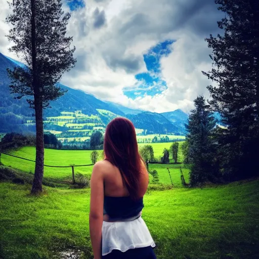 Image similar to a beautiful photograph of a girl with switzerland landscape in the background with trees, hdr, 8 k, high quality, sharp focus, artstation, highly detailed, award - winning, dramatic lighting, beautiful clouds, and nature