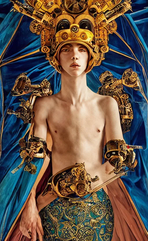 Prompt: beautifully painted mural of a young cyborg king in ornate royal fabric, piercing glowing eyes, sci fi scenery, vogue cover poses, mural in the style of sandro botticelli, caravaggio, albrecth durer