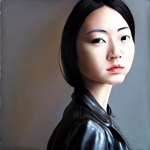 Prompt: perfect, realistic oil painting of close-up japanese young woman wearing leather jacket