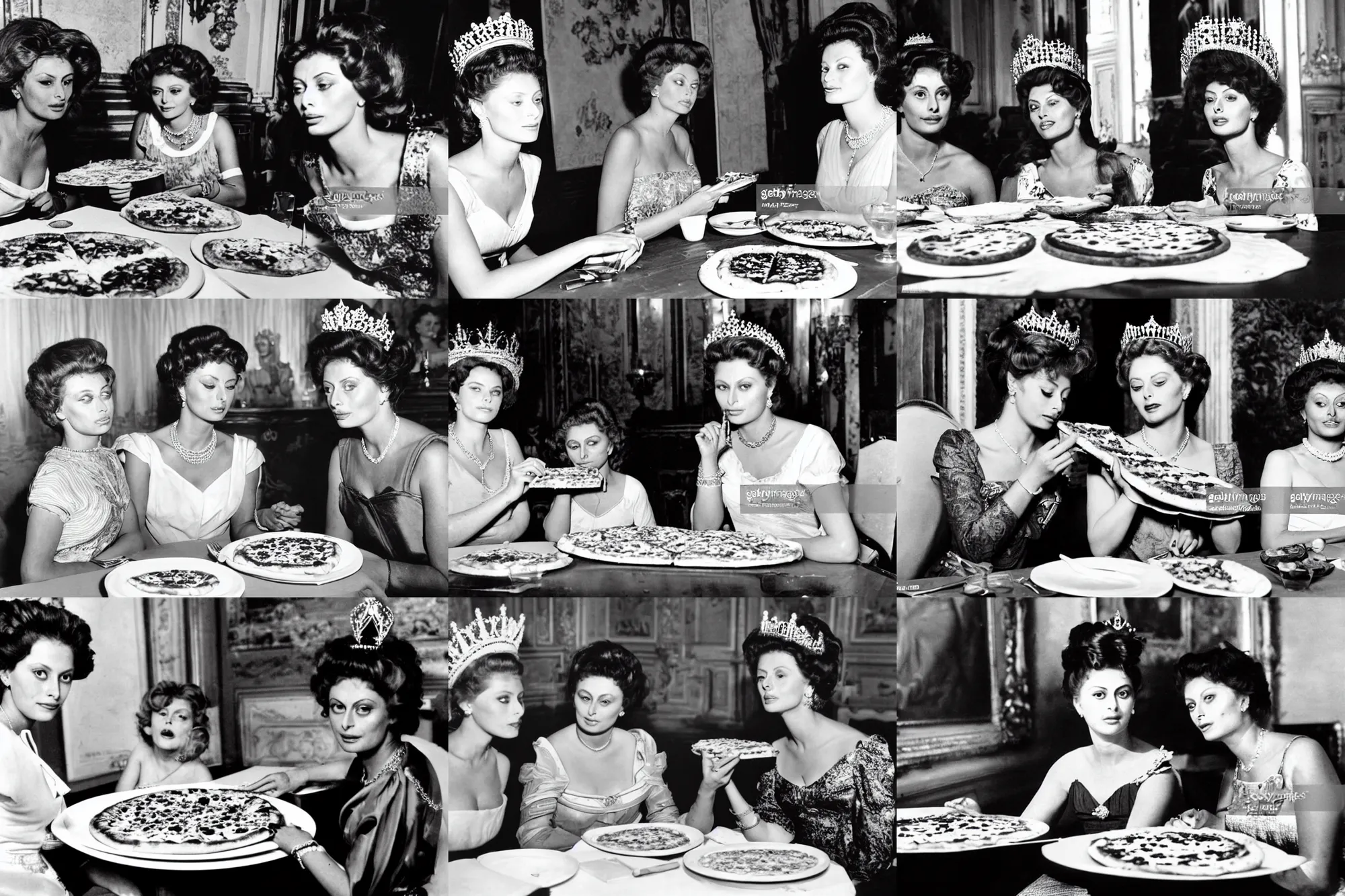 Prompt: a historical photo of young beautiful queen margherita of italy, sitting at a long table eating a pizza margherita together with a young and beautiful sophia loren, right angled view, smooth lighting, masterpiece, timeless, genious composition