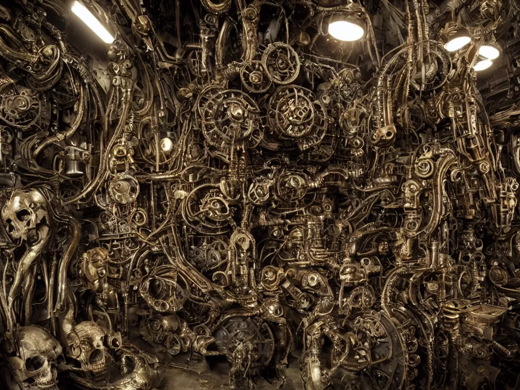 Image similar to < highly detailed machinery, gold silver copper bronze metal, hundreds of gears, a thousand pipes, human skulls, ivory eyeballs, rust, rivets, dark gloomy with creepy lighting, style of H.R. Giger