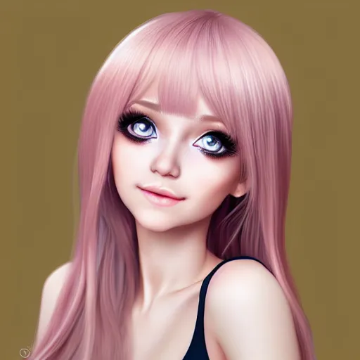 Image similar to beautiful hyperrealism hyperdetailed portrait of nikki from shining nikki dress - up game, a cute young woman, light pink hair, long hair with full bangs, full heart - shaped face, hazel amber eye color, pale skin, light blush, chinese heritage,, smiling softly, golden hour, soft focus, 8 k,