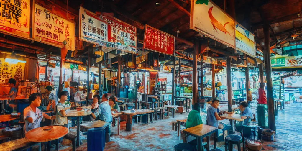 Image similar to interior of a kopitiam at pulau indah fishing village, near a jetty, early morning, hyperrealistic, detailed, low angle view, telephoto lens, bokeh, studio ghibli, artstation