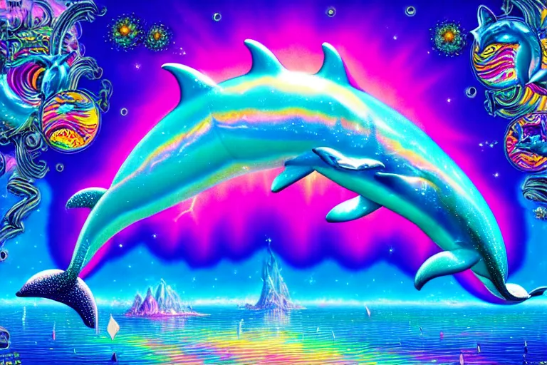 Image similar to lisa frank illustration of rebulon the ancient dolphin demon, by lisa frank and giger, masterpiece concept art, 8 k, intricate detail, cinematic lighting, epic pose, bright colors