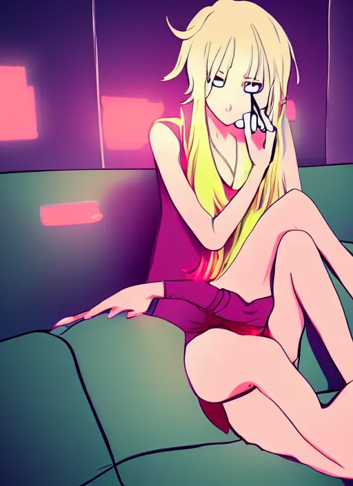 Prompt: anime girl with blonde hair laying on sofa, smoking, neon lights