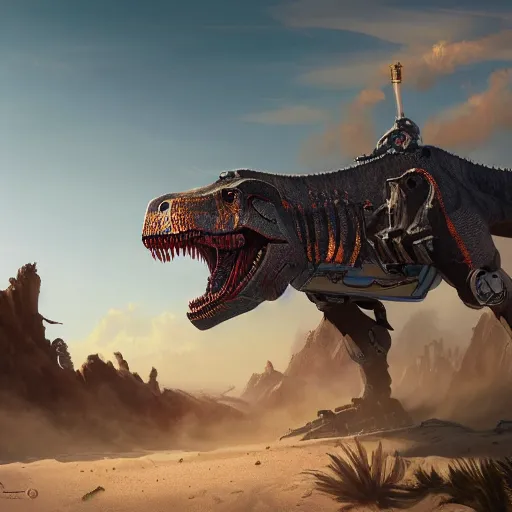 Prompt: an ultrawide photo of a robotic t - rex, horizon forbidden west concept art, highly detailed, 8 k