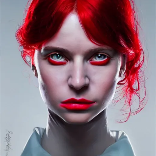 Image similar to A masterpiece portrait of a Female version of Patric Bateman from American Psycho. Red drops on face. medium shot, intricate, elegant, highly detailed. trending on artstation, digital art, by Stanley Artgerm Lau, WLOP, Rossdraws, James Jean, Andrei Riabovitchev, Marc Simonetti, Yoshitaka Amano