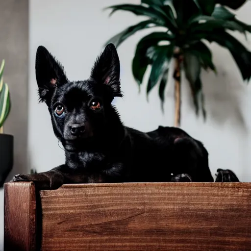 Prompt: a small black dog with a white face, lying down on a sofa, house plants and wood furniture in the background, indoors, dim light, photograph, 4 k, shot on iphone