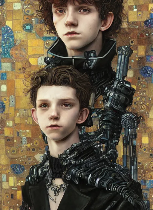 Prompt: portrait of young gothic Tom Holland, cyberpunk, Warhammer, highly detailed, artstation, illustration, art by Gustav Klimt and Range Murata and Katsuya Terada