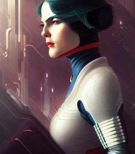 Image similar to portrait of a cyberpunk art deco woman who looks like Power Girl sci-fi, fantasy, intricate, elegant, highly detailed, digital painting, artstation, smooth, sharp focus, illustration, art by artgerm and greg rutkowski and alphonse mucha