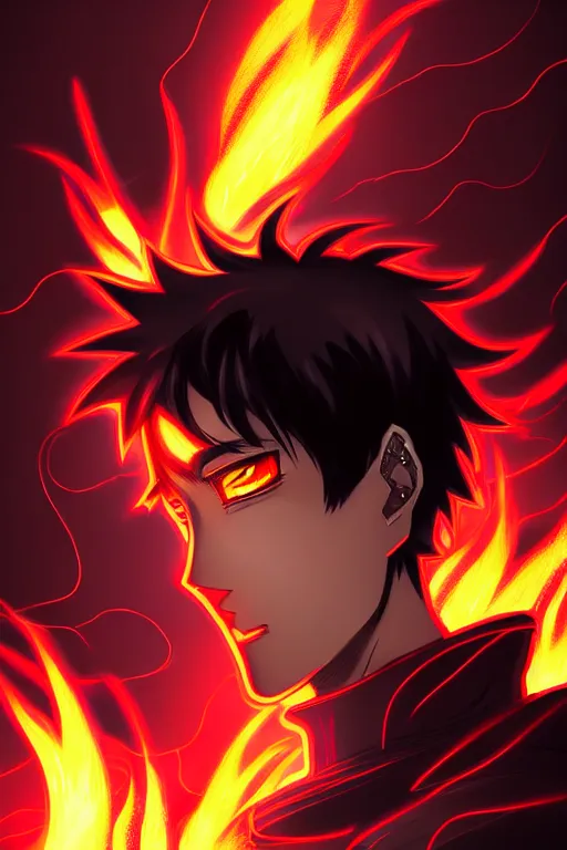 Image similar to a detailed manga portrait illustration of a dark haired cyborg anime man surrounded by fire, detailed artwork, realism, 4 k resolution, detailed, high quality, sharp focus, hq artwork, insane detail, volumetric lighting, character concept art, fine details, clear subject, central subject