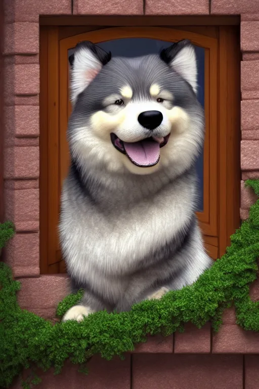 Image similar to happy finnish lapphund dog wearing a crown at house window. pixar disney 4 k 3 d render funny animation movie oscar winning trending on artstation