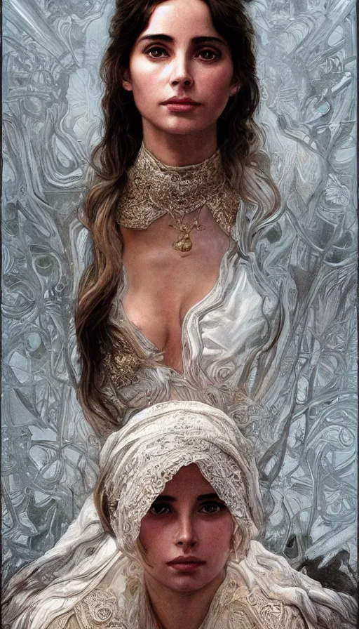 Prompt: young emanuelle beart, traditional bulgarian clothing, fame of thrones, fibonacci, sweat drops, intricate fashion clothing, insane, intricate, highly detailed, surrealistic, digital painting, artstation, concept art, smooth, sharp focus, illustration, unreal engine 5, 8 k, art by artgerm and greg rutkowski and alphonse mucha