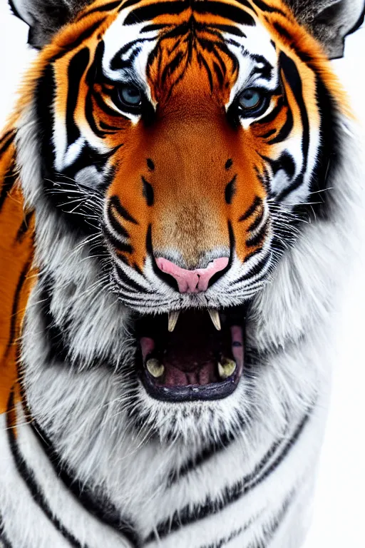 Prompt: male Tiger wearing white straitjacket with smudged black lipstick on lips, orange fur, detailed fur, high detail, 4k, semi realism, anthro, kemono