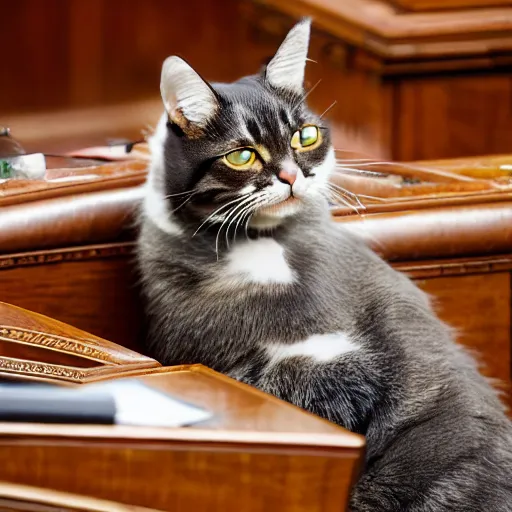 Prompt: cat sitting on chair in lok sabha among the politicians, ani, sony a 7 r