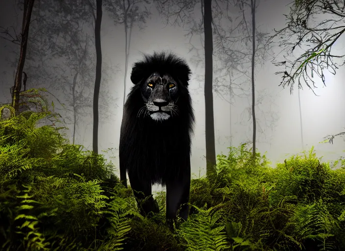 Prompt: professional wildlife photograph of a black lion standing in a foggy dark jungle at night, surrounded by dense dark trees at night, moss, ferns, cinematic lighting, apex predator, natgeo