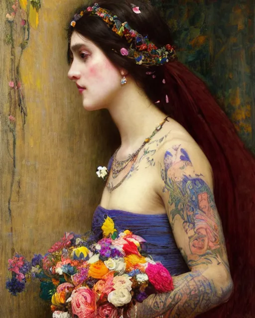 Prompt: a beautiful girl in a wedding dress with colourful tattoos surrounded by colourful flowers orientalist intricate portrait by john william waterhouse and edwin longsden long and theodore ralli and nasreddine dinet, oil on canvas. cinematic, hyper realism, dramatic lighting, high detail 8 k